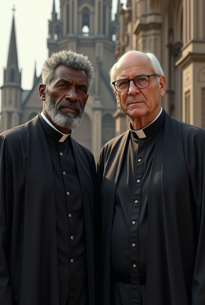 An elderly young man with dark skin, with short wavy hair, with a black priestly cassock, next to a bald adult with white skin and glasses, also dressed in priestly cassock, with a church in the background 