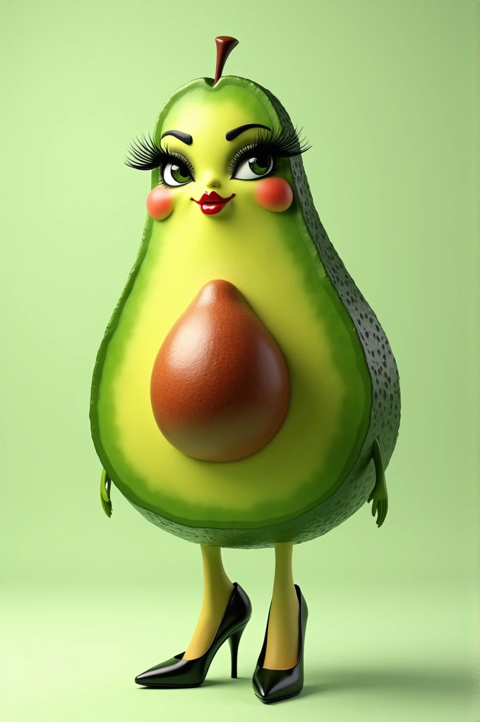 An avocado with heels and makeup and eyelashes