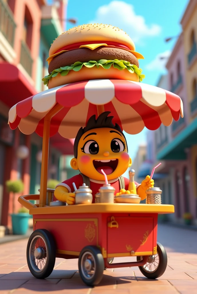 Create an animated fast food cart with a hamburger and the title flavor of my land