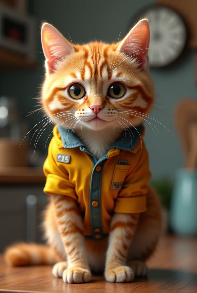 Cute close-up of an orange cat., In the kitchen, complicated details, ((Engineering cat)) ,Two-legged standing,Engineer shirt, Standing on two legs,Intention,Construction Cat