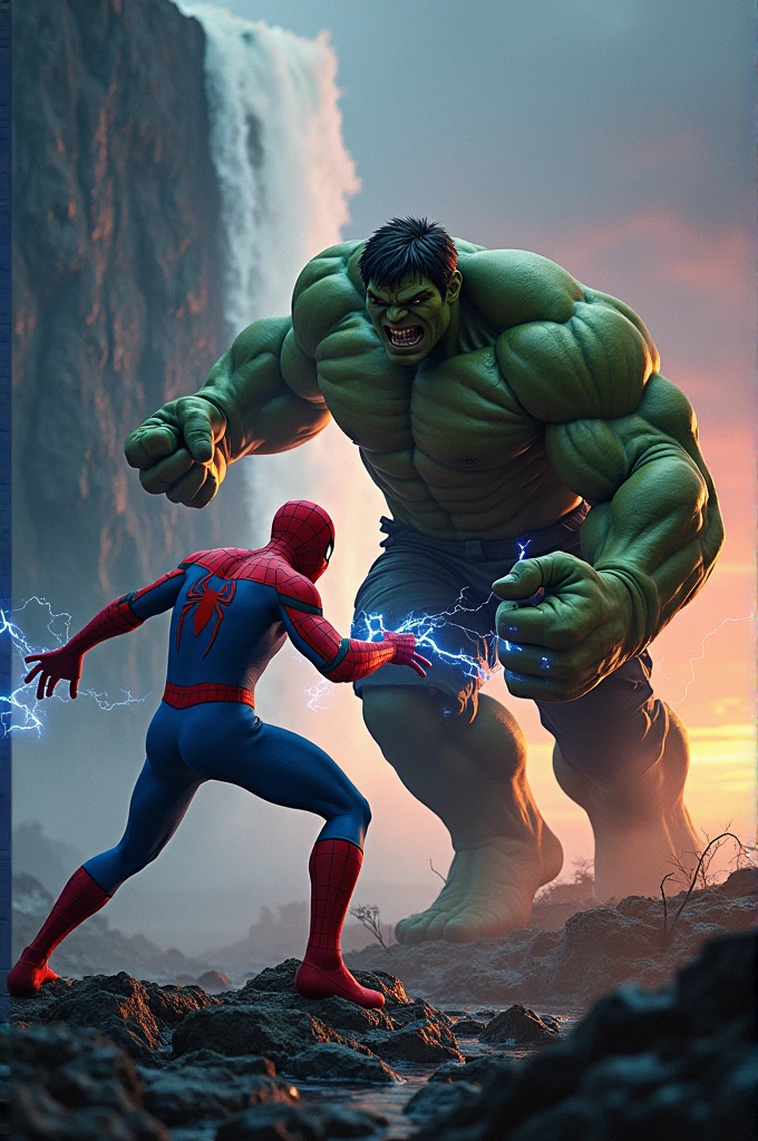 A spider man with hulk fighting in dark open sky in blue waterfall and sunset