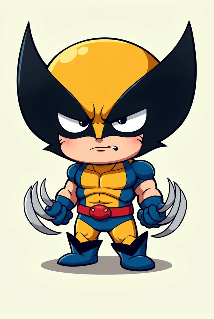 Cartoon wolverine in classic blue and yellow suit from marvel comics chibi style, grumpy facial expression