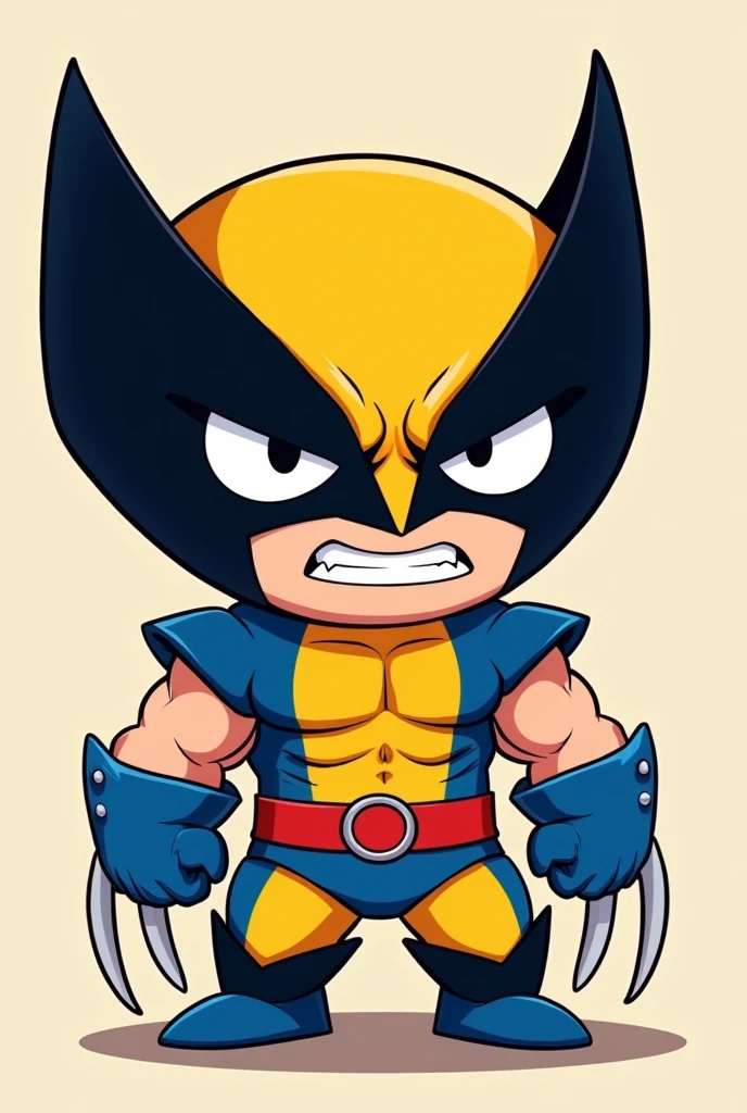 Cartoon wolverine in classic blue and yellow suit from marvel comics chibi style, grumpy facial expression
