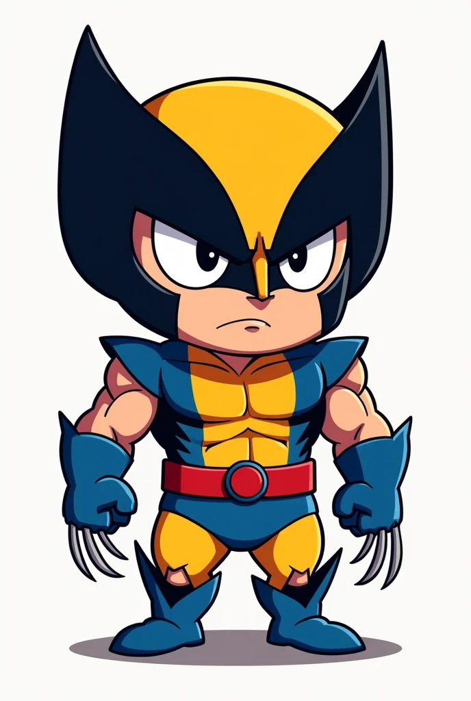 Cartoon wolverine in classic blue and yellow suit from marvel comics chibi style, grumpy facial expression