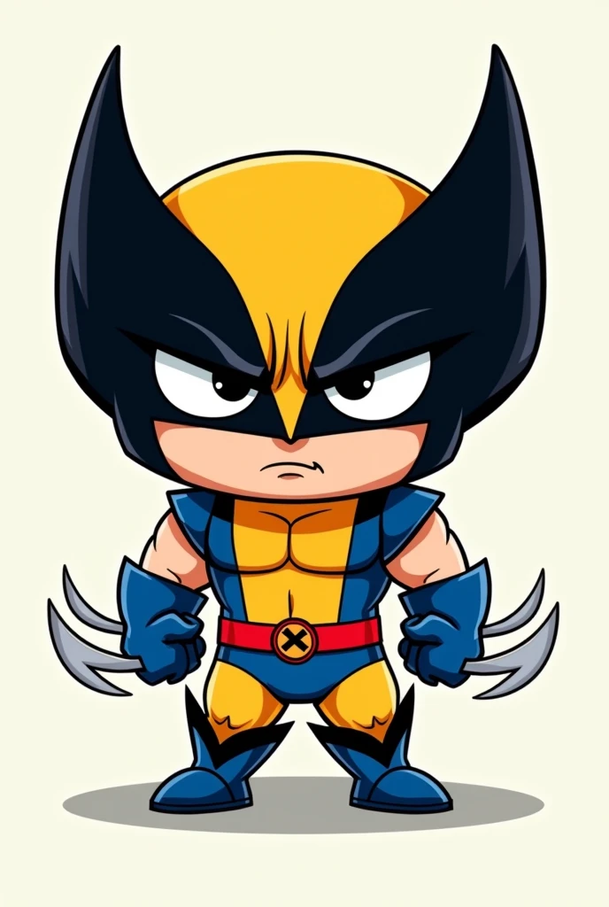 Cartoon wolverine in classic blue and yellow suit from marvel comics chibi style, grumpy facial expression