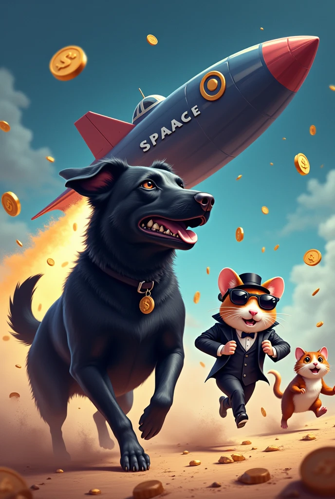 I want to make a meme symbolizing the competition between crypto- currencies and airdrops . There is meme coin, pixels, memfi, cats, goats, frogs, hamster combat , tonix and dogs . Now there is Space arena that I want it to be the one going fast than the others . Use their logos to make this meme. The dog should be behind all the others an look big then a hamster with a black suit sunglasses and a hat next to dog and then you can have gold coins falling out of the spaceship as it goes up leaving dust on the ground . Make the dog big and black also a different type of spaceship dark blue colour and write the name SPAAACE on it . Let the animals run also the cats should be smaller than the hamster 
Also add something to do with telegram 
