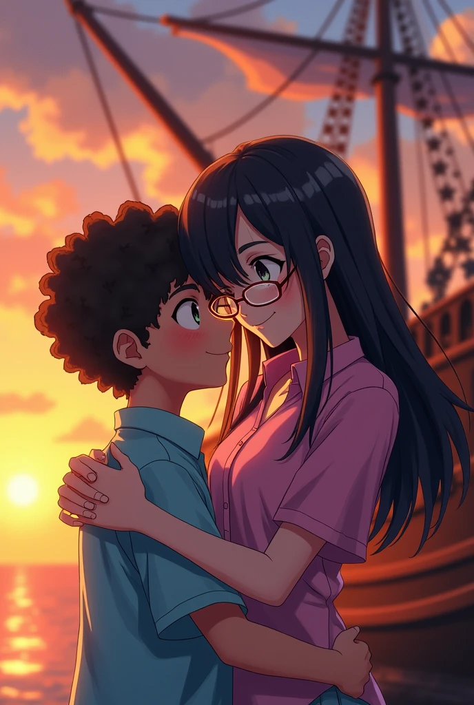 1 girl,wano style, smile tenderly, nicorobin, long straight loose hair, with glasses, look at the viewer, pink blouse with neckline, Upper part of the body, hugging 1 boy, wano style, Monkey D Luffy, very curly hair, short hair, look at the viewer, smile tenderly, Brown eyes, Upper part of the body, light blue shirt, hugging the girl, ((masterpiece)), (Best Quality), (extremely detailed), depth of field, Sketch, Intensive dark shadows, Sharp focus quality, HdR, showy, Good composition, spectacular, anime screenshots, depth of field, pirate ship bottom, sunset at sea. 