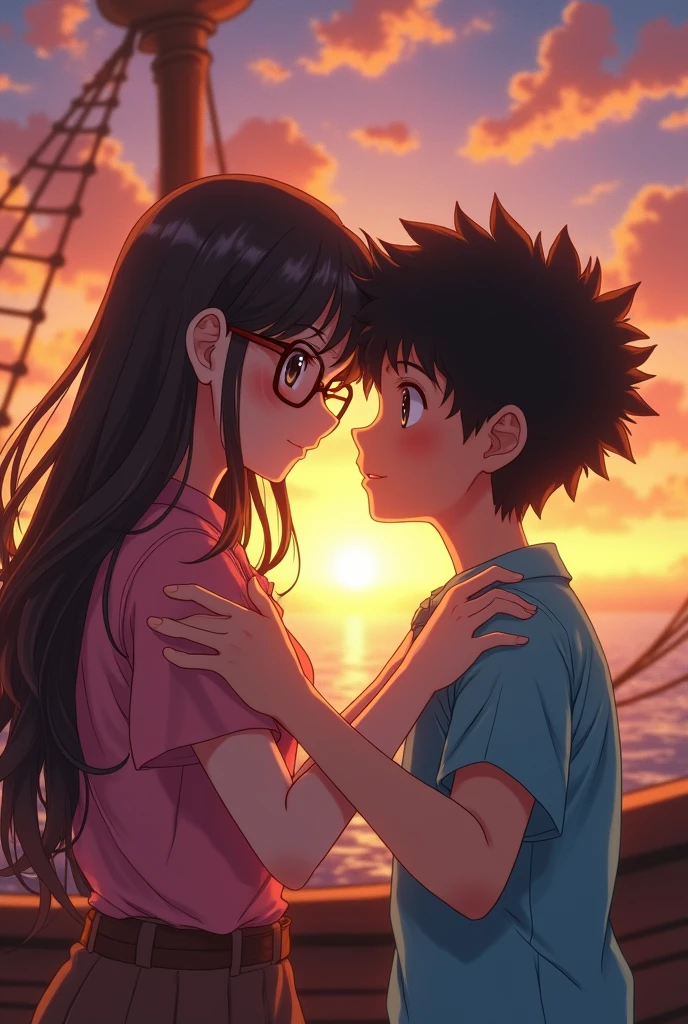 1 girl,wano style, smile tenderly, nicorobin, long straight loose hair, with glasses, look at the viewer, pink blouse with neckline, Upper part of the body, hugging 1 boy, wano style, Monkey D Luffy, very curly hair, short hair, look at the viewer, smile tenderly, Brown eyes, Upper part of the body, light blue shirt, hugging the girl, ((masterpiece)), (Best Quality), (extremely detailed), depth of field, Sketch, Intensive dark shadows, Sharp focus quality, HdR, showy, Good composition, spectacular, anime screenshots, depth of field, pirate ship bottom, sunset at sea.
