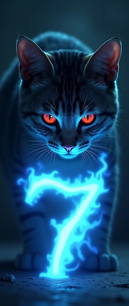 An evil red-eyed cat looking at the letter Y and the number 7 of blue fire with an evil face