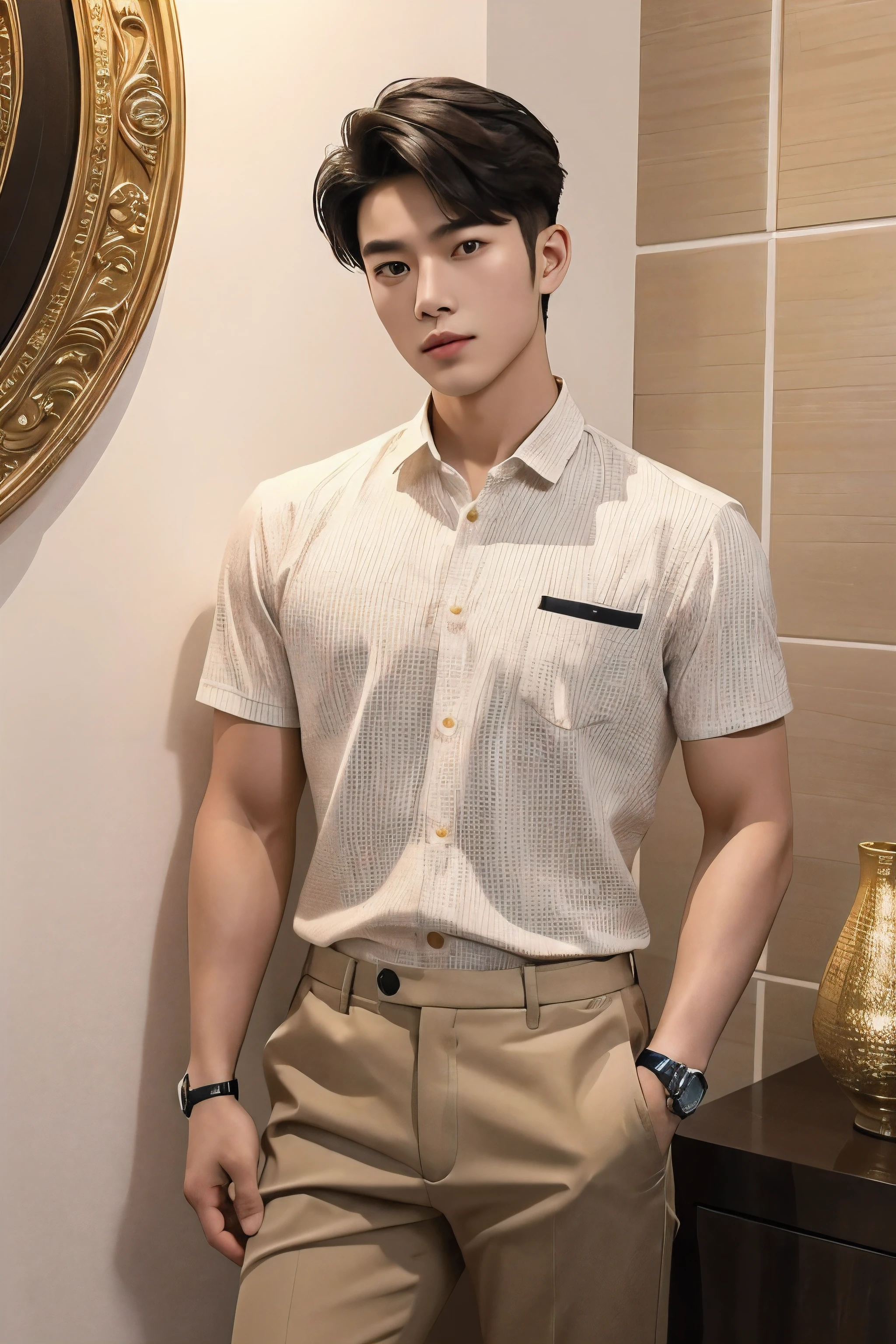 masterpiece, Best quality, realistic, a handsome Thai-Korean guy aged 20-25, dressed in a casual yet stylish outfit, wearing a prominently visible wristwatch. The outfit should be modern and elegant, with meticulous attention to detail in both the clothing and accessories. The wristwatch adds a touch of sophistication to his overall look