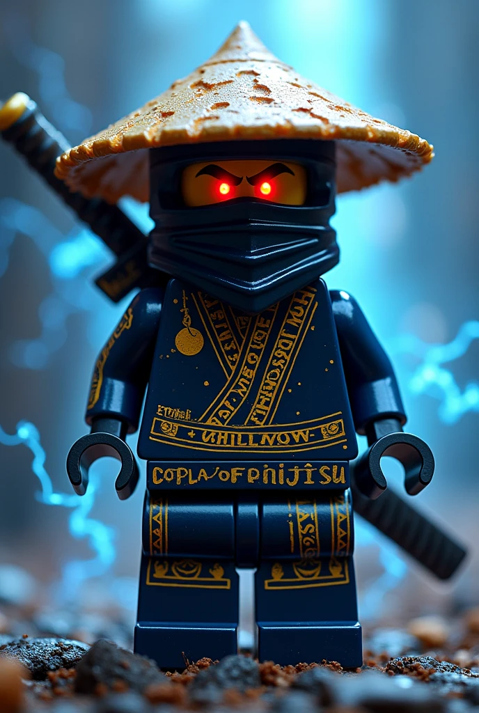 Créer moi un lego ninja go premier maitre du spijisufuturiste de la dernière puissance dimensionaire un ninja avec un chapeau de paille pointu en noir sur la tête noir et un masque de couleur noir profond, gris, bleu clair sur la tête et un petit bandeau en forme de rond noir profond autour de la bouche, avec une peau sombre noir et il faut des traces d’électricité jaune et bleu foncé dans le visage et un regard terrible de noirceur avec des yeux ridé en rouge fonce profond brillant avec une puissance incroyable avec comme puissance élémentaire l’électrique, l’énergie, la terre, le feu, la glace. Les habits du ninja doit être en noir anthracite, bleu nocturne et golden suprême et fer anthracite avec des reure en forme d’électricité bleu clair et jaune brillant et des écritures japonaises et le parchemin du spinjisu interdit ninjago en golden. Un ninja imbattable monstrueux beaucoup trop puissant qui contrôle tous les pouvoirs élémentaires. Le ninjadoit être destructeur et soif de victoire un gentil et mechant avec un sabre dans le dos