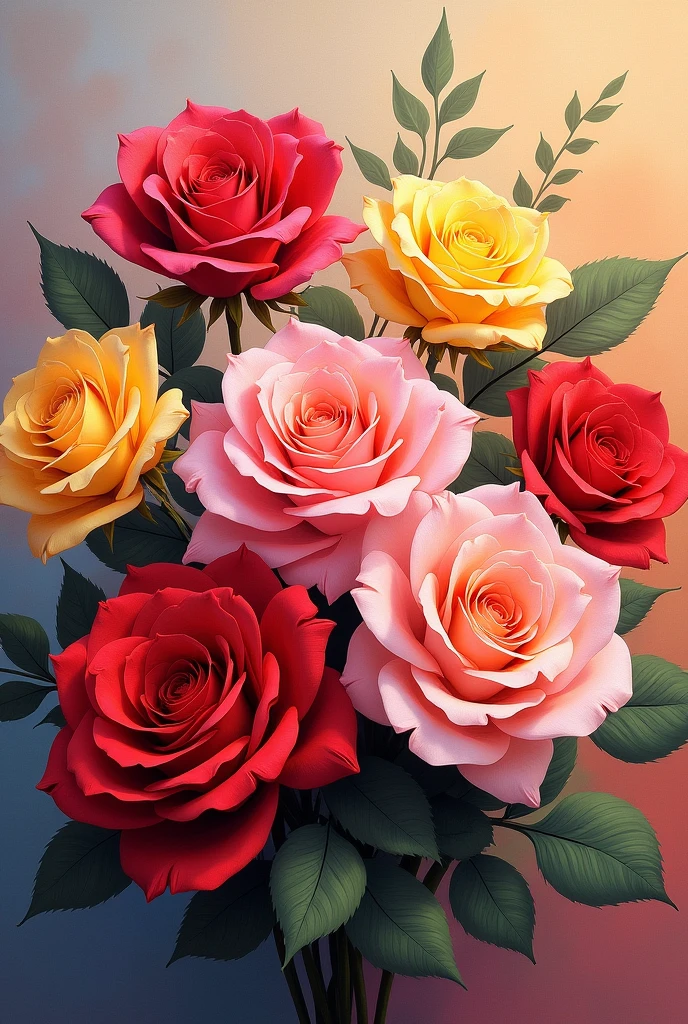 An acrylic painting of a bouquet with roses of various colors