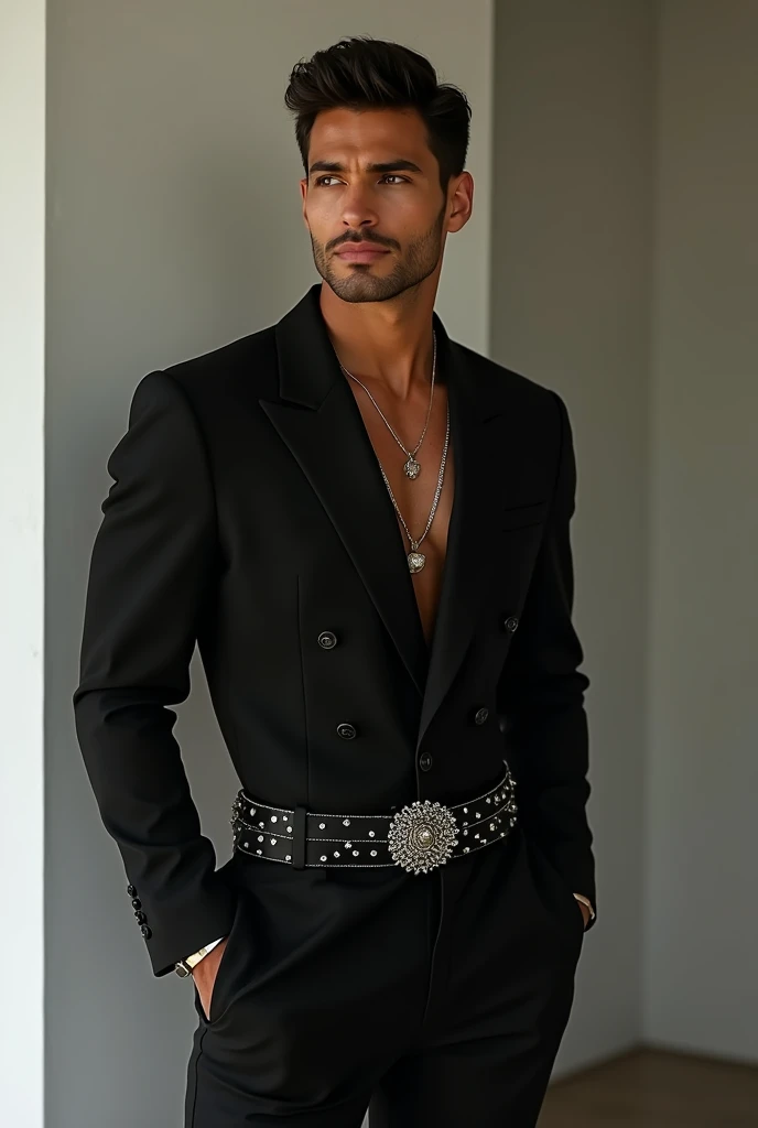 Real photo men&#39;s beauty fashion modern black clothing glamor luxury show haute couture latin man athletic sparkle stones 