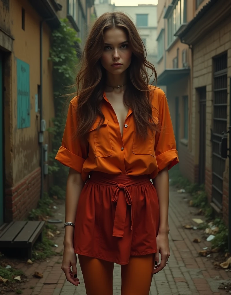 Full body view, feet in view, solo, brown hair, , detailed face, orange shirt, short red skirt, orange pantyhose,s
masterpiece, professional, high quality, beautiful, amazing, gothic, Getty Images,
photoshoot, 4k, realistic, detailed background, abhorrent, real life, beautifull woman w