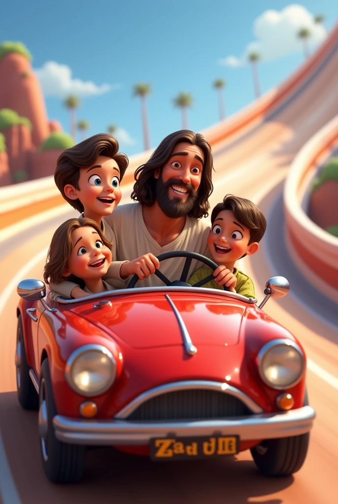 Uma imagem estilo Disney Pixar com Jesus e 3 crianças em um carro numa Speedway. Jesus must be driving the car, the steering wheel must be clearly visible. MAKE JESUS SMILER, Speedway. LET JESUS BE CUTER. Na imagem deve conter um Speedway visível atrás do carro.  The expression on the faces of Jesus and the children must be of people who are happy and having fun., must have a RACE TRACK. Jesus&#39; hands should be on the steering wheel driving a car, numa Speedway. must have a RACE TRACK 
