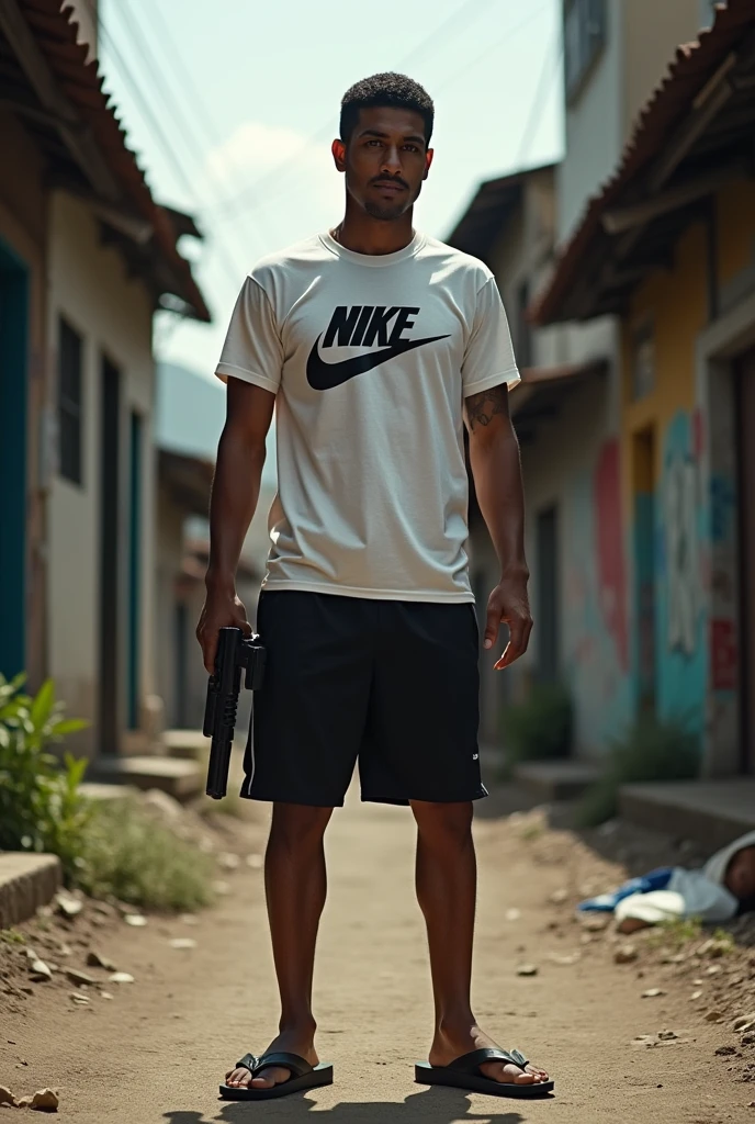 He wears a Nike shirt and shorts and black flip-flops with a gun in his hand in the favela of Rio de Janeiro.