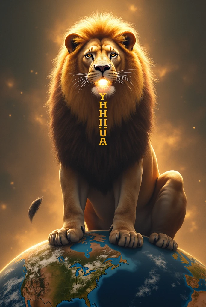THE LION OF JUDAH PERCHED ON THE WORLD AND THE WORD YEHSHUA COMING OUT OF HIM