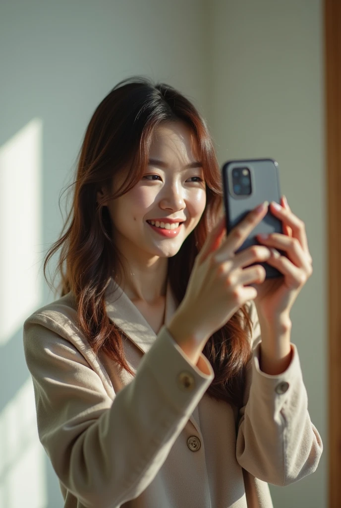 A Japanese actress taking a selfie with her smartphone