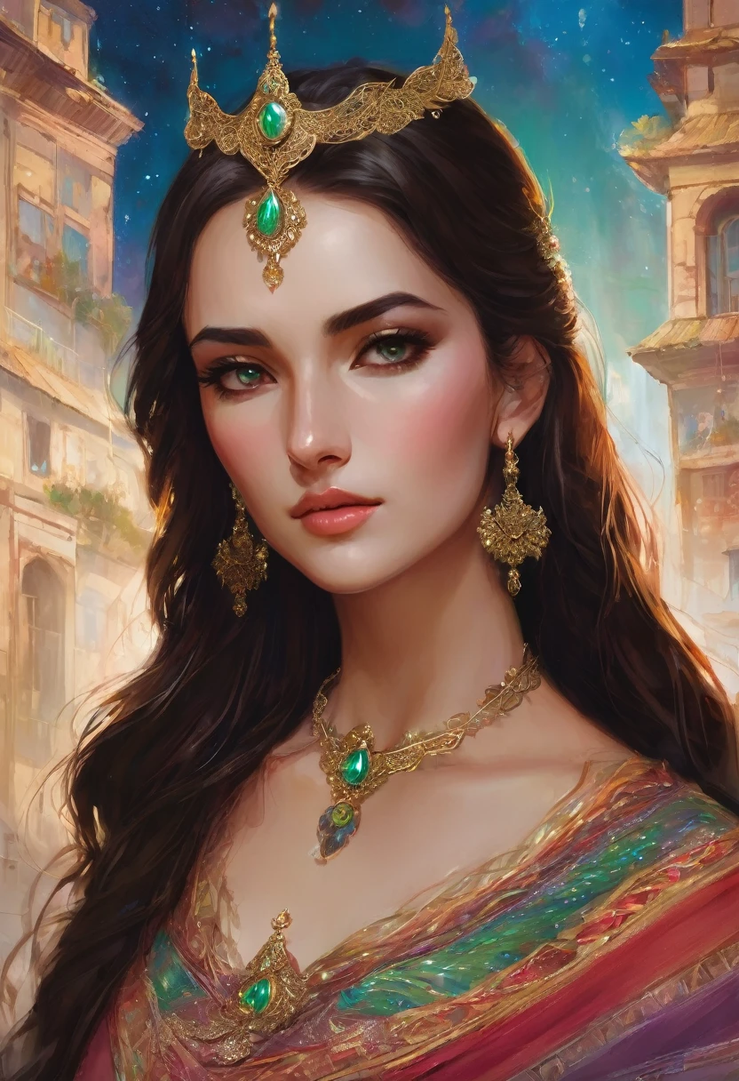 A very pretty lady with wavy dark brown hair, with a thin chain with delicate triangles adorning her forehead, with precious and exquisite almond-shaped eyes with intense emerald irises, a pointed nose with a slightly raised tip; a mouth with semi-thick lips, intense strawberry color, slightly parted, inviting to be kissed, to someone special that she loves; with a light carmine on her cheeks; a chin ending in a slight point; a delicate and exquisite swan neck to be gently caressed. Magnificent shoulders uncovered and splendid; the clavicles stand out gently. She wears a roo-colored top-corse with drawings of golden zigzag lines running close to the top of the top, which has a minimal line of lace finishing; a moderately generous neckline exhibits the natural beauty of medium-sized breasts, similar to hills challenging to climb. With enigmatic grace and femininity she wears between her breasts a golden metallic ornament, a round piece with raised edges and above it a 4-pointed star with small rhombuses at its ends, hanging from the lower vertical point, an earring that suggests a delicate mystery, which is crowned even more with a black multiplication sign, formed by elongated rhombuses. She is the enigmatic beauty named PrincELLA. A diffuse, nebulous aura of whitish light surrounds her hair and accentuates her beauty. In the background a vibrant dark night is adorned by luminous stars, slightly perceptible celestial bodies and prominent stars.