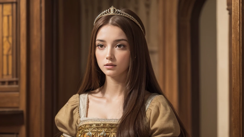 beautiful face, Queen of Medieval Spain, brown hair, childish