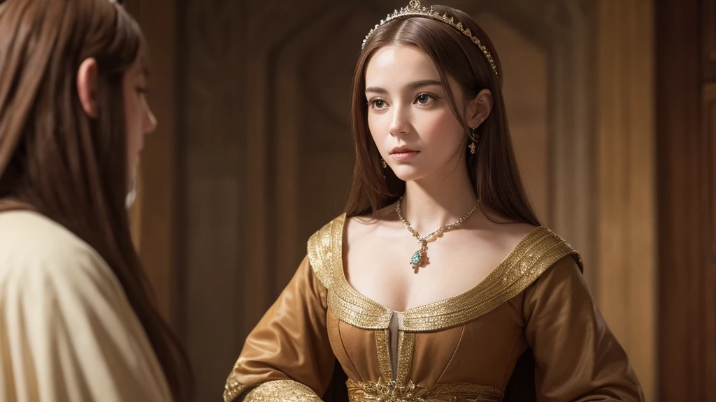 beautiful face, Queen of Medieval Spain, brown hair, childish