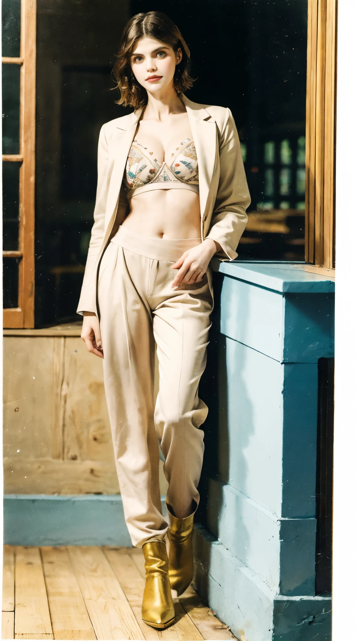 (masterpiece:1.2, best quality:1.2, extremely delicate:1.2), ((Alexandra Daddario:1.2)), a young women with auburn hair, a center-parted back hairstyle, narrow eyes, a cunning smile, a two-piece fantasy-reality style outfit, a white undershirt, a dark formal-style coat, wearing gloves, matching trousers with the outfit, has metallic-adorned knee-high boots, this character embodies a finely crafted fantasy-realistic fighter, exquisite photography, Photo realism, photorealistic, goddess, pale skin, perfect skin, textured skin, detailed skin, porcelain skin, dramatic, high definition, highres, ultra-detailed, ultra-fine painting, professional, perfect body proportions, golden ratio, anatomically correct, symmetrical face, perfect eyes, extremely detailed eyes and face, high quality eyes, creativity, RAW photo, UHD, 32k, Natural light, cinematic lighting, (masterpiece-anatomy-perfect:1.2)
