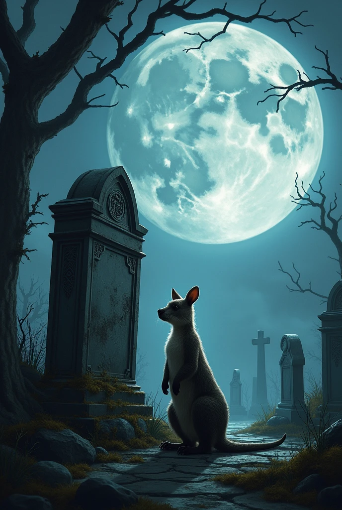 marsupial next to a tombstone with the giant moon in the background