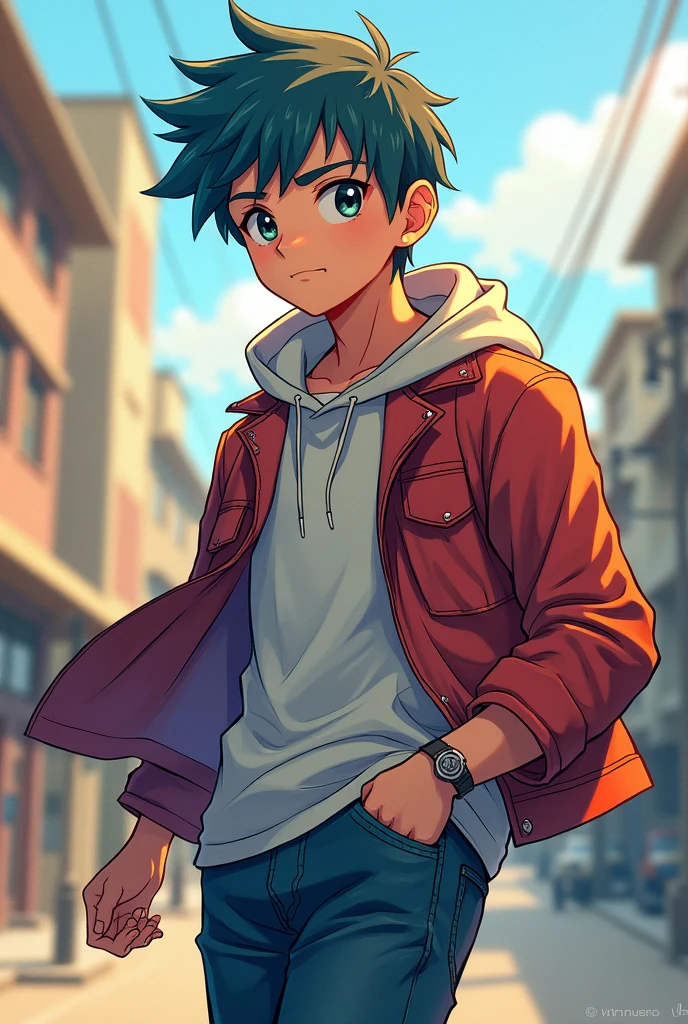 A anime boy  in Jacket and street forward 
