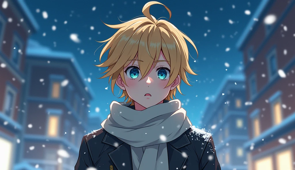 Young man, , with golden pastel blonde hair, skin fair, blue-green heterochromia in the eyes, one eye of each color, crystal blue left eye and aqua green right eye, medium hair flying to the side, messy bangs flying to the side, coat and scarf flying, snow on the street and on clothes, snowy city in the background, stary night, strong wind making clothes and hair fly, slightly surprised and calm expression, close no rosto, front angle, 2D anime, FULL HD.