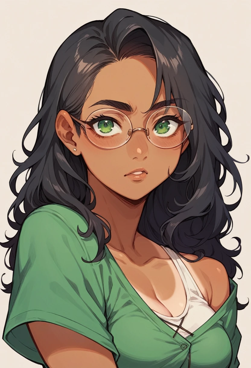 1 woman, airhead but very intelligent, mixed race Latina, olive green eyes,tan skin ,dark complexion, straightened and tied long black hair,nerd, glasses, manga style line