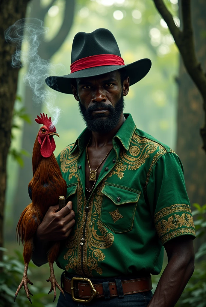 A black man with a thin beard, green umbanda shirt, black Panama hat with red stripe, evil looking and smoking a pipe in the woods holding a rooster