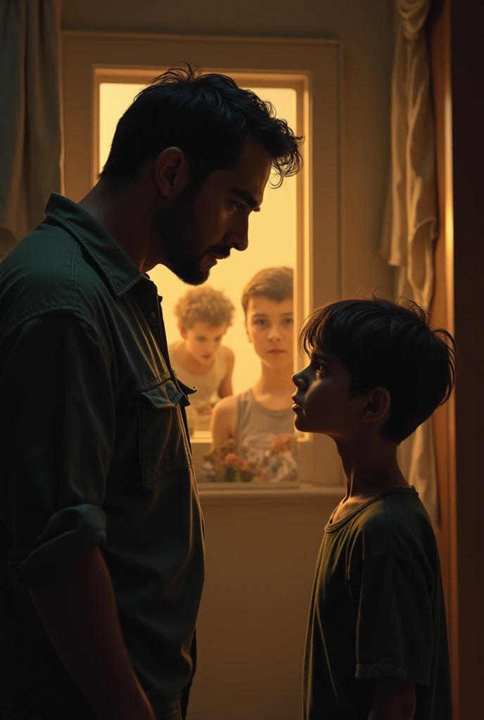 Father scolding his son and in a vignette that comes out of this man, a photo of two children (animated)