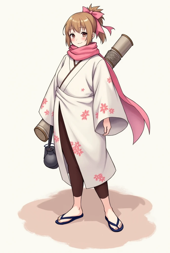 Create a Naruto OC that's a  woman with a plump figure, standing at 155cm. Dressed in a white linen qipao adorned with cherry blossom patterns, she has paired it with espresso brown leggings and blue sandals. Her short honey brown hair is styled in a ponytail with a pink ribbon, and she has a pink scarf tied in a bow around her neck. With hazel eyes, she carries an ink jug at her hip, a large calligraphy brush case roll behind her back, a small traveling bag, and a large scroll below her lower back.