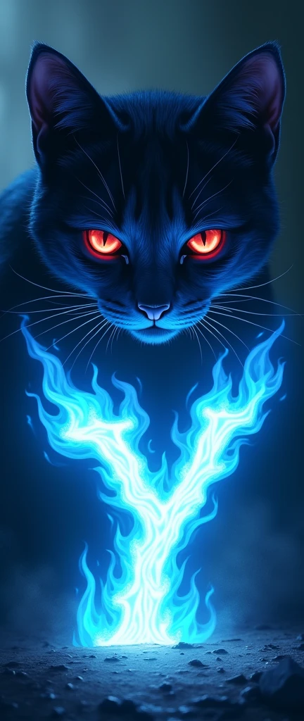 A blue cat with red eyes looking at the letter Y and the number 7 of blue fire with an evil face