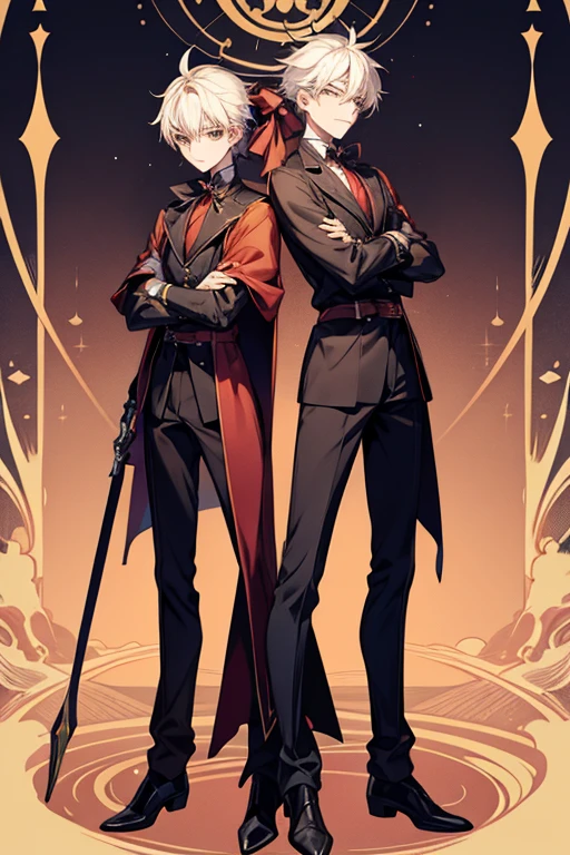 Anime-style illustration of the full body of twin boys, servants.
