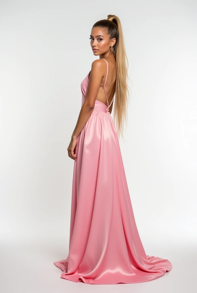 Ariana 2020, posing on a white background, wearing a very elegant and long pink dress, ponytail, blonde hair with brown roots, blonde bangs, full body