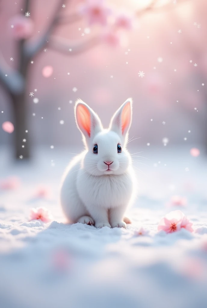 Ultra-realism、masterpiece、Highest quality、Film Grain、Nice views、The rabbit is small、Little White Rabbit、The snow rabbit turns around to look at the person watching、Snow like cherry blossom petals、Pale pink scenery、Snow Scene、SakuraFubuki、