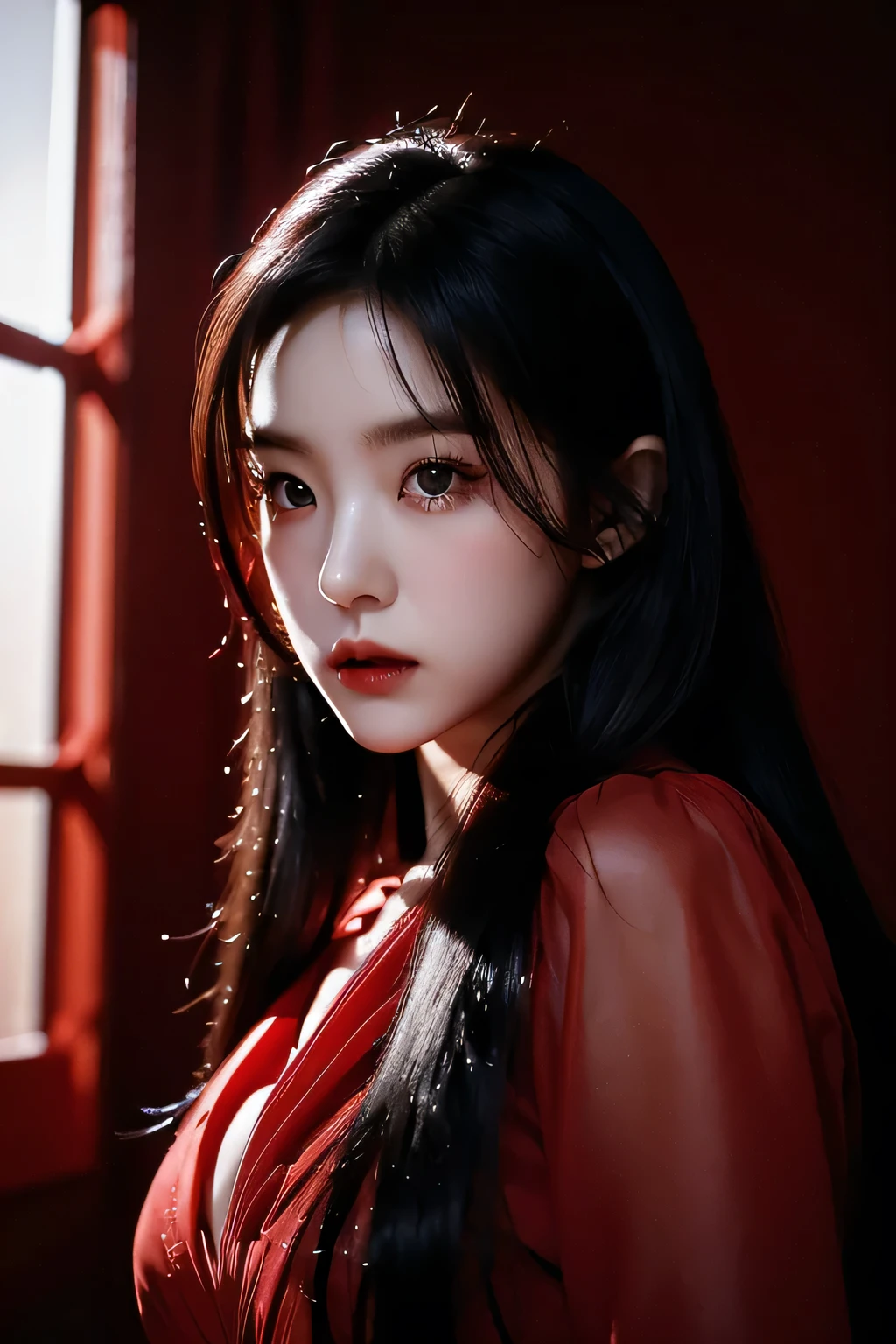 Irene rv, red dress, vampire, long black hair, beautiful detailed eyes, beautiful detailed lips, extremely detailed face, longeyelashes, elegant pose, dramatic lighting, cinematic, chiaroscuro, dramatic shadows, moody, atmospheric, photorealistic, 8k, best quality, masterpiece