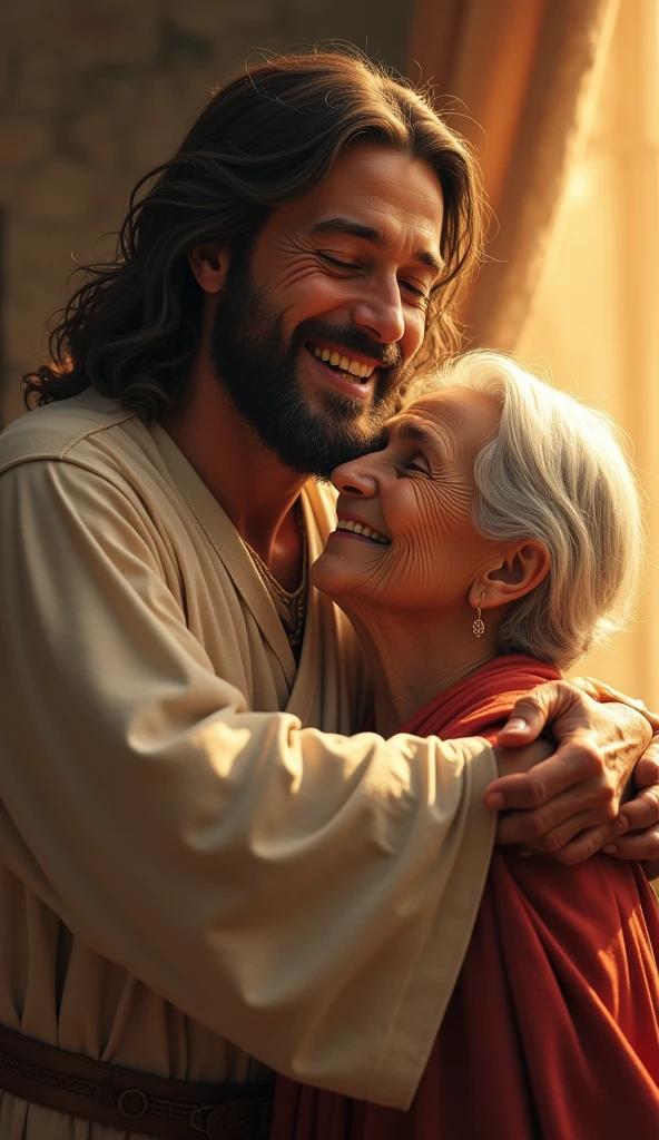 An image of Jesus smiling and hugging an elderly couple