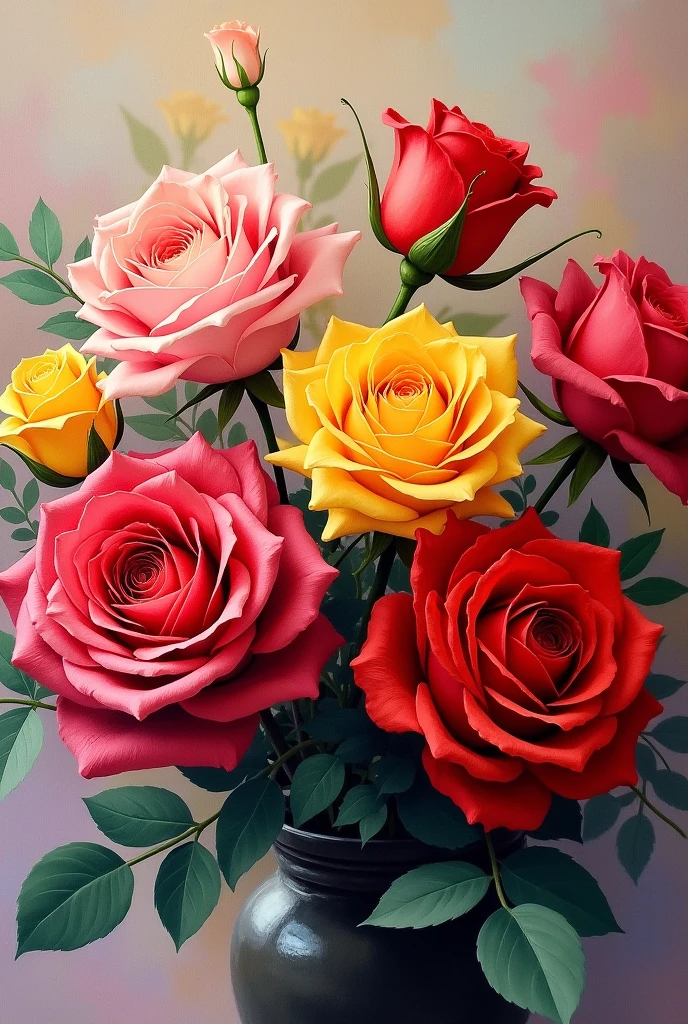 An acrylic painting of a bouquet with roses of various colors