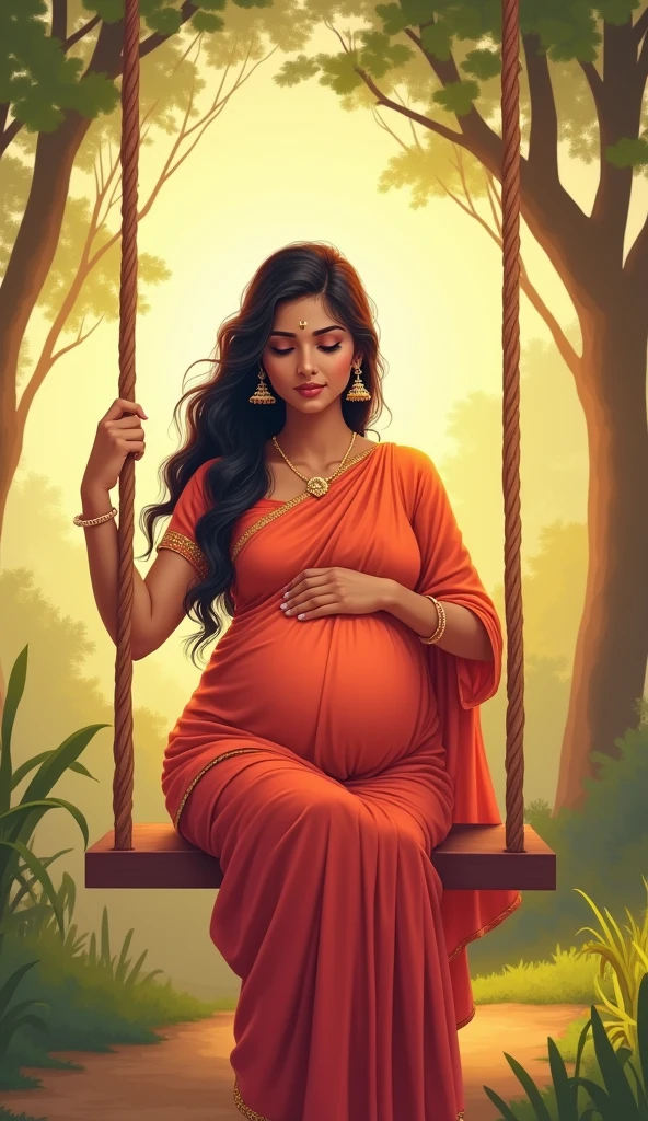 South Indian pregnant women 2d illustration, perfect hands, perfect face, perfect body, sitting on swing chair