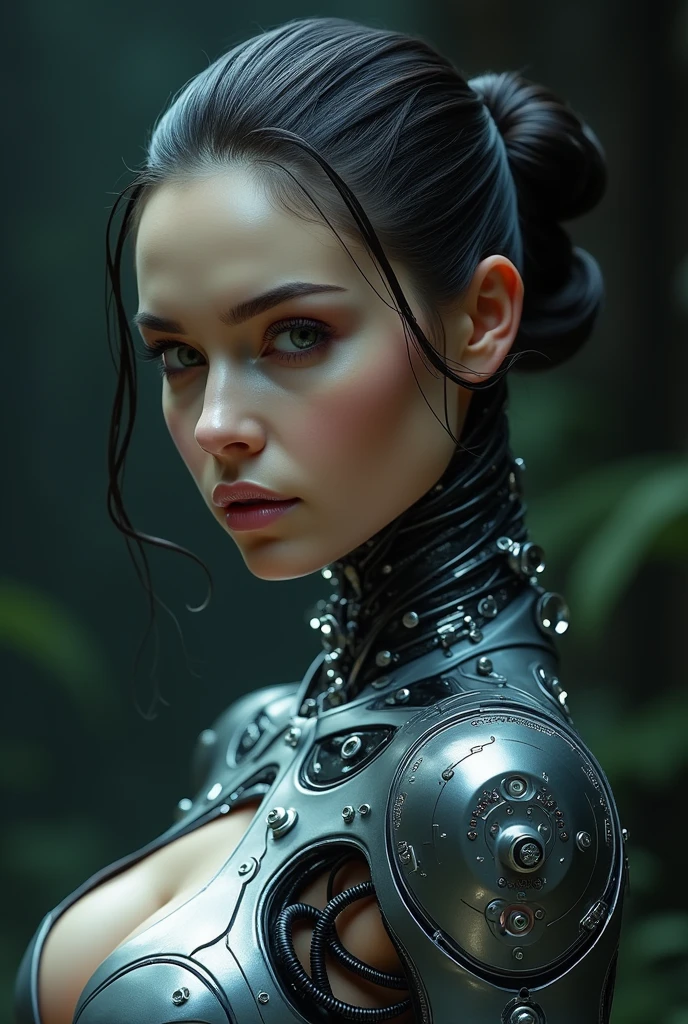 create an image of a woman with realistic cyborg face and body sexy ultrahd