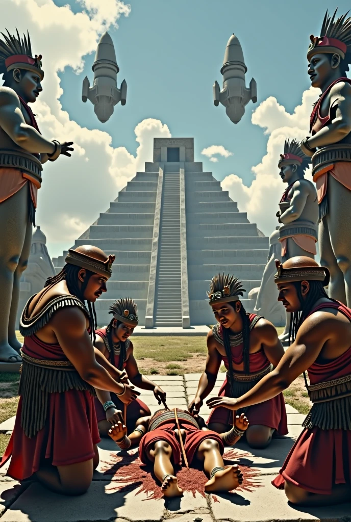 Create a human sacrifice made by 4 Mayans taking out the guts of an Aztec on the stone altar in the background 3 pyramids and on top of them 4 spaceships with statues of their gods to the right and statues of demons to the left