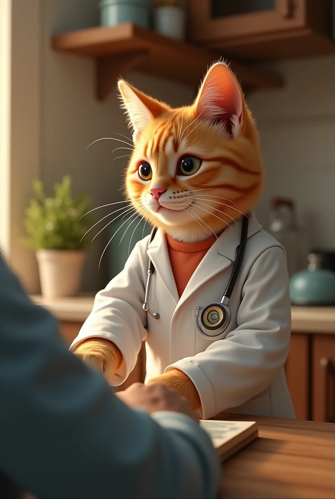 Cute close-up of an orange cat healing a person, In the kitchen, complicated details, ((Doctor cat)) ,Two-legged standing,white shirt, Standing on two legs,Intention,Medical Gown,Cat in a doctor's outfit