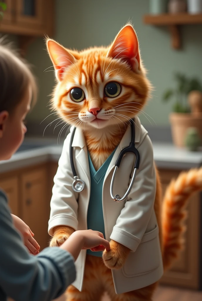Cute close-up of an orange cat healing a person, In the kitchen, complicated details, ((Doctor cat)) ,Two-legged standing,white shirt, Standing on two legs,Intention,Medical Gown,Cat in a doctor&#39;s outfit
