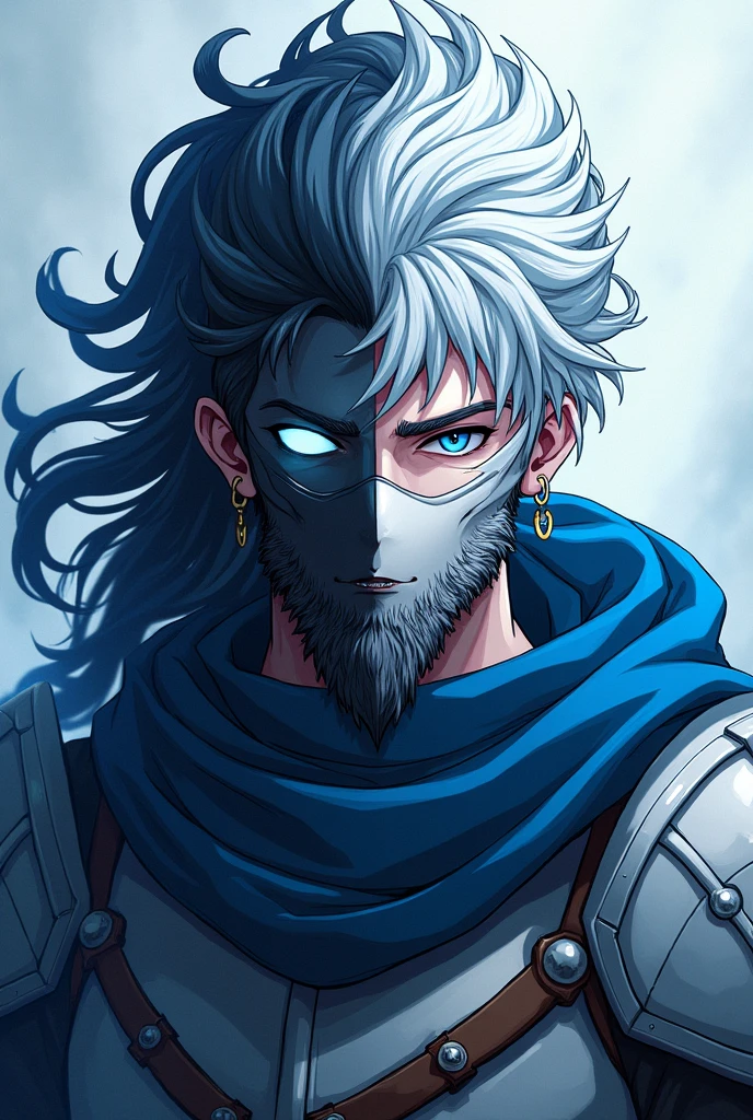 An anime character who is a magic knight, half ice and half shadows, on your face half a bone mask White hair and half a bone mask Show half your face with a lumberjack beard Looking like a 1, 
Mask only on the left side Only white hair and black beard Remove beard Full body image 
