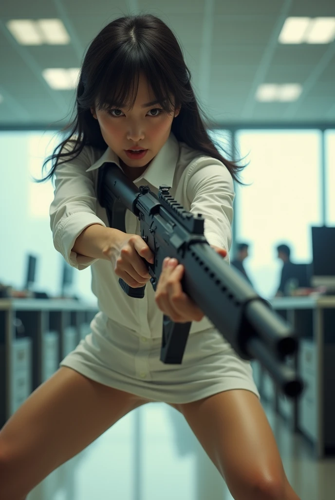 beautiful chinese office lady white shirt mini skirt realistic machine gun toting hip firing real person legs apart standing rampage shooting side facing angry expression


