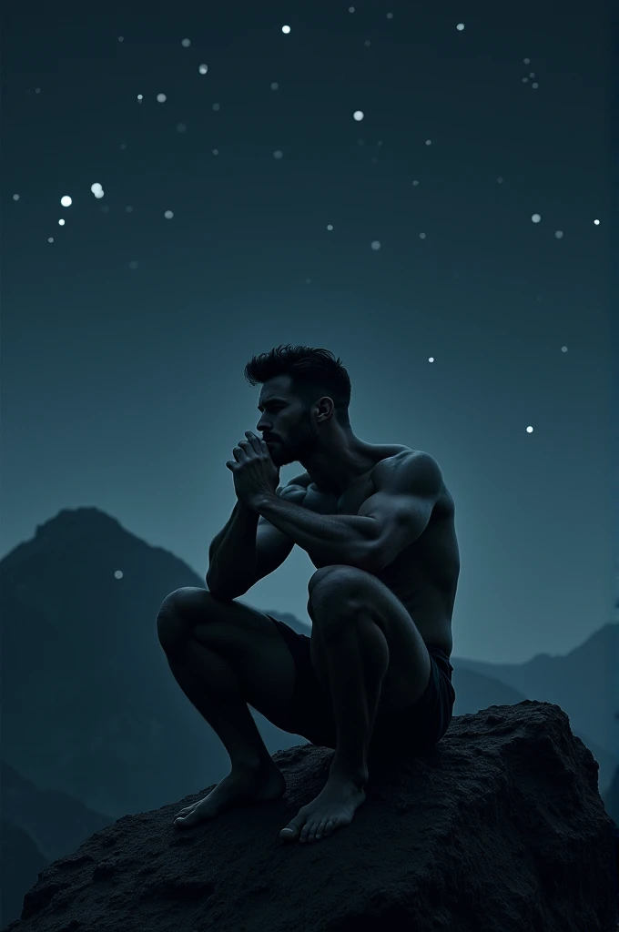 A man, fit body, physique, overthinking, sitting in the dark mountain while the twingle little star

