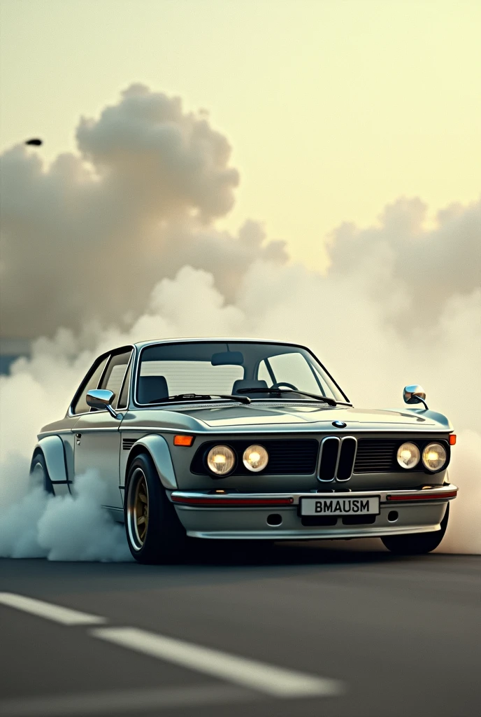 I want vintage BMW M2 making a distance with smoke behind i want to write in the smoke
