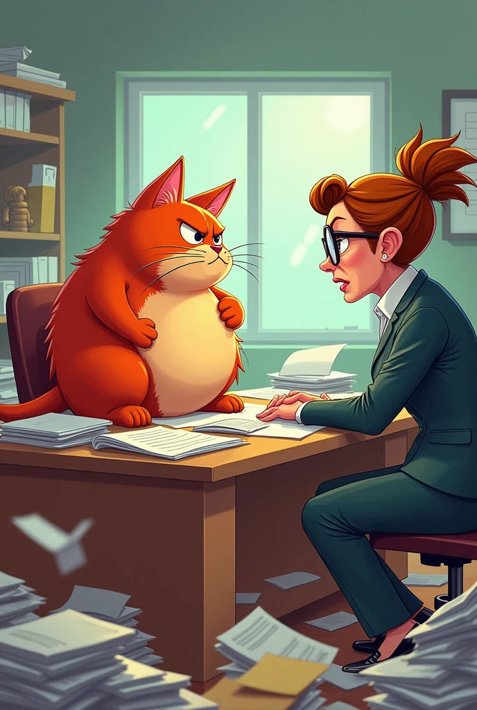 In a cluttered office, a red chubby cat named Whiskers sits on a desk, glaring at his boss—a stern, no-nonsense woman with glasses perched on her nose.